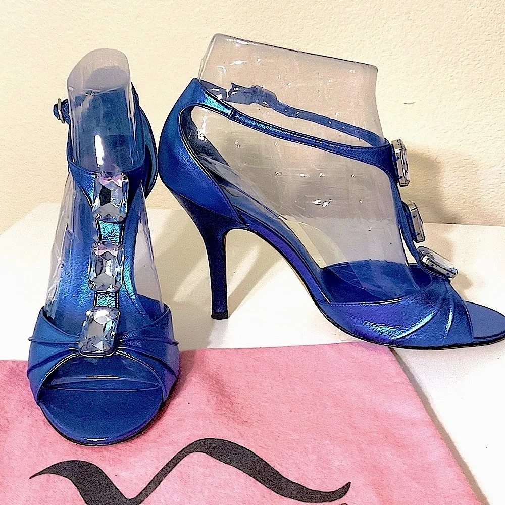 Nina Metallic Embellished Peep Toe Leather Heels Blue 8 1/2